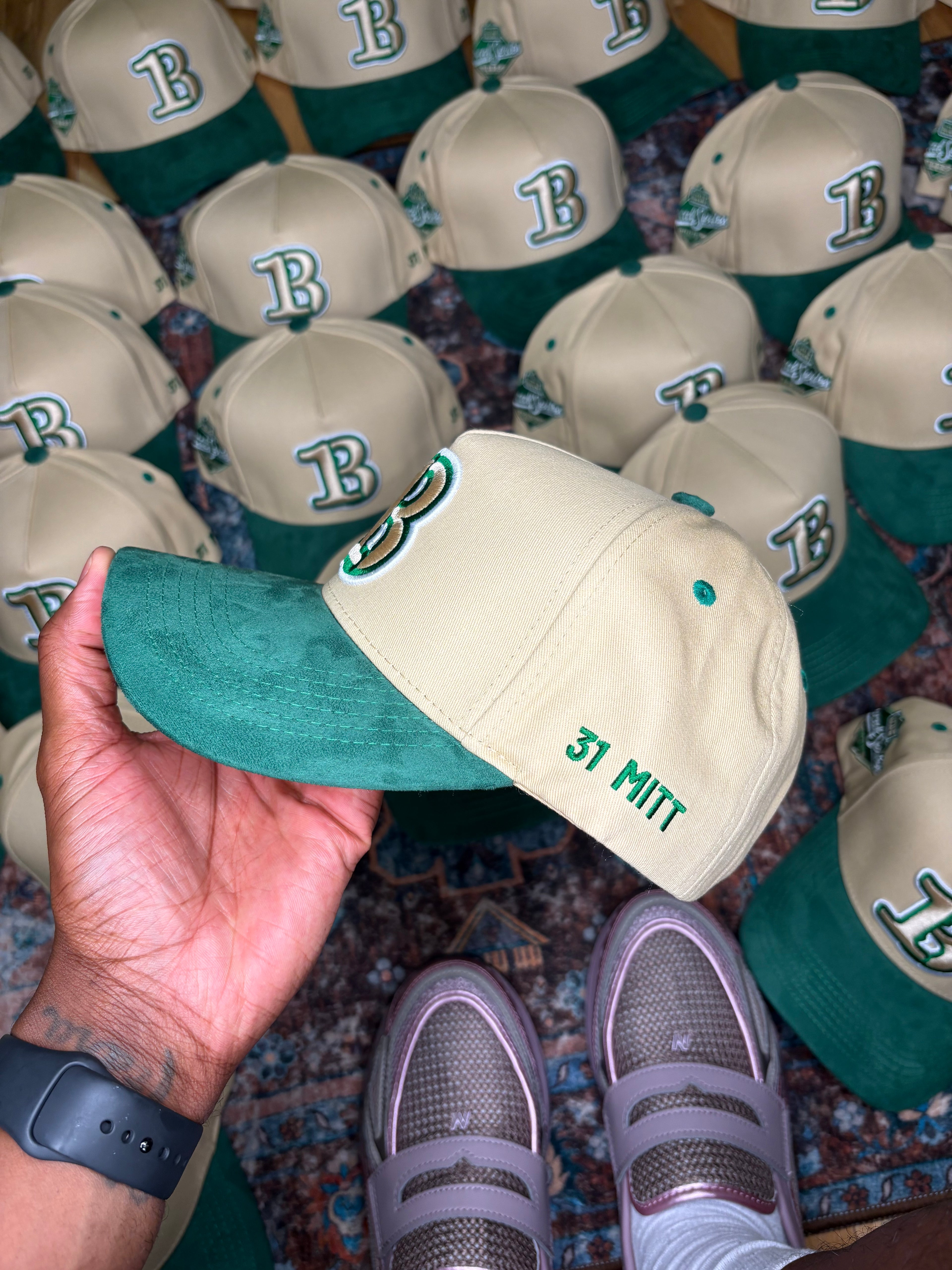 31 Mitt- Tan Cotton Hat With Green Suede Brim
